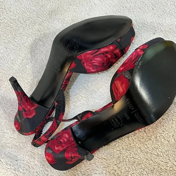 White House Black Market Womens Black Red Slingback Heels 6.5M Floral Peep Toe - Picture 6 of 14